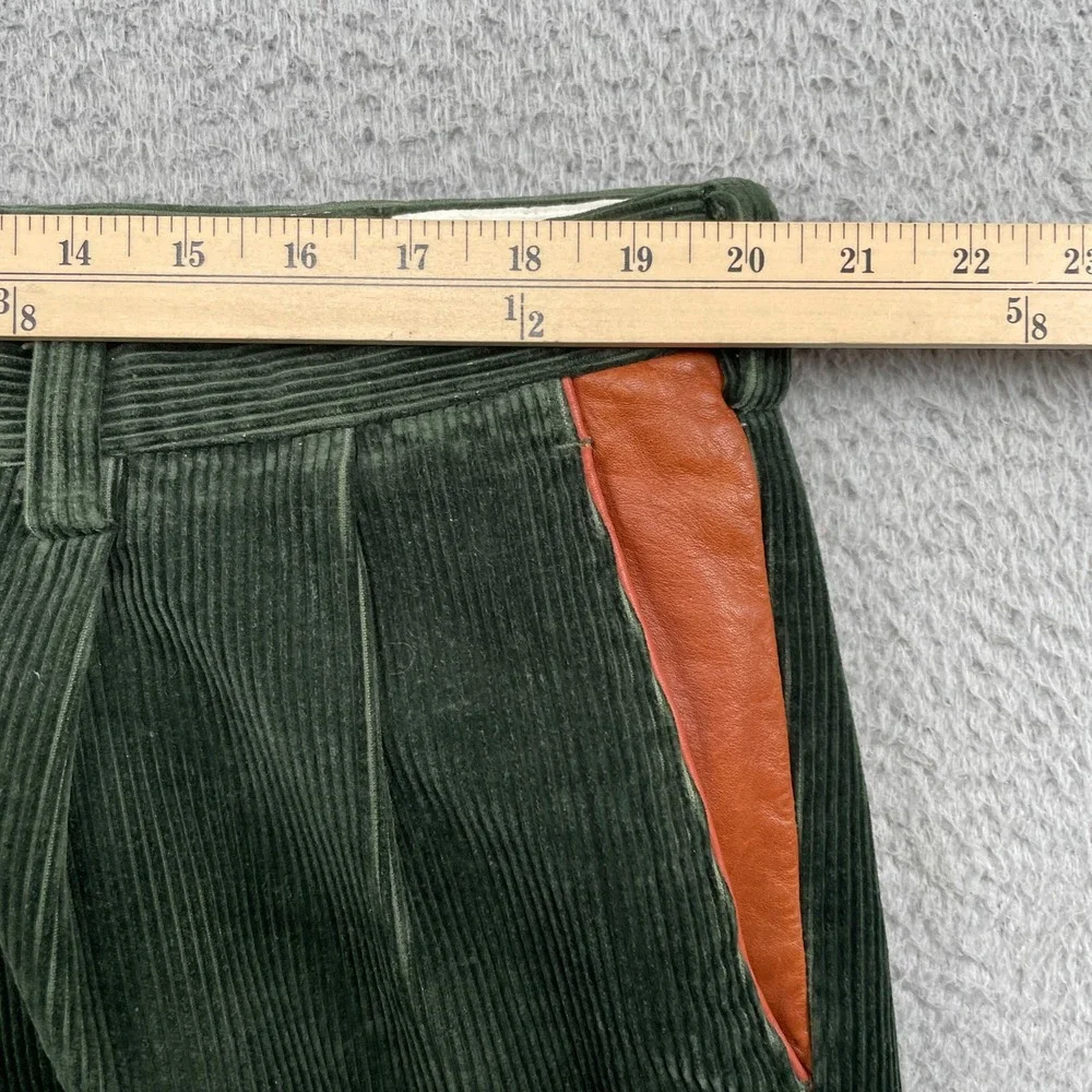 Orvis Corduroy Pants Mens 40 Green Pleated Front Leather Trim Cuffed Trousers